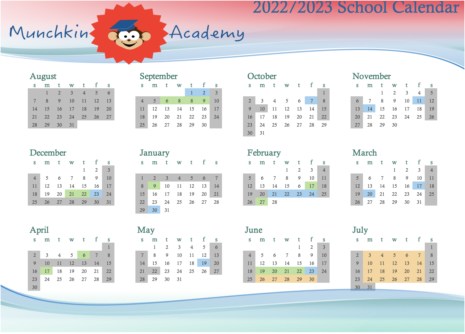 School Calendar Munchkin Academy Preschool and JK Program